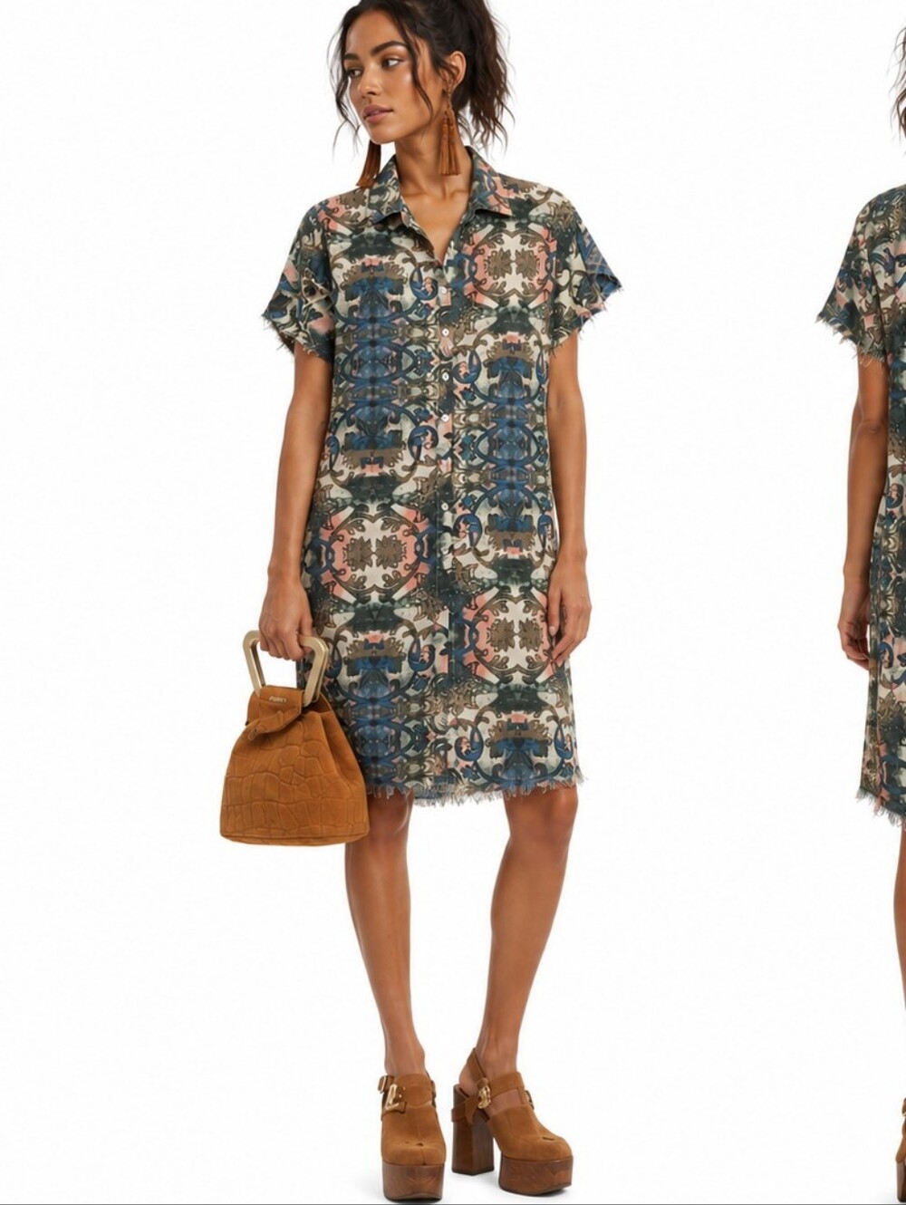 NWT Manhattan Blues Bohemian Kaleidoscope Raw Hem Shirt Dress